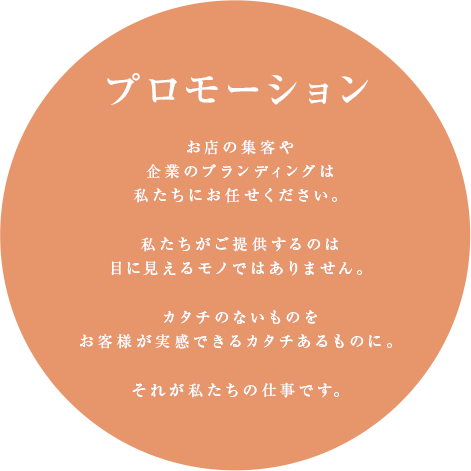 プロモーション | お店の集客や企業のブランディングは私たちにお任せください。私たちがご提供するのは目に見えるモノではありません。カタチのないものをお客様の実感をもってカタチあるものに。それが私たちの仕事です。